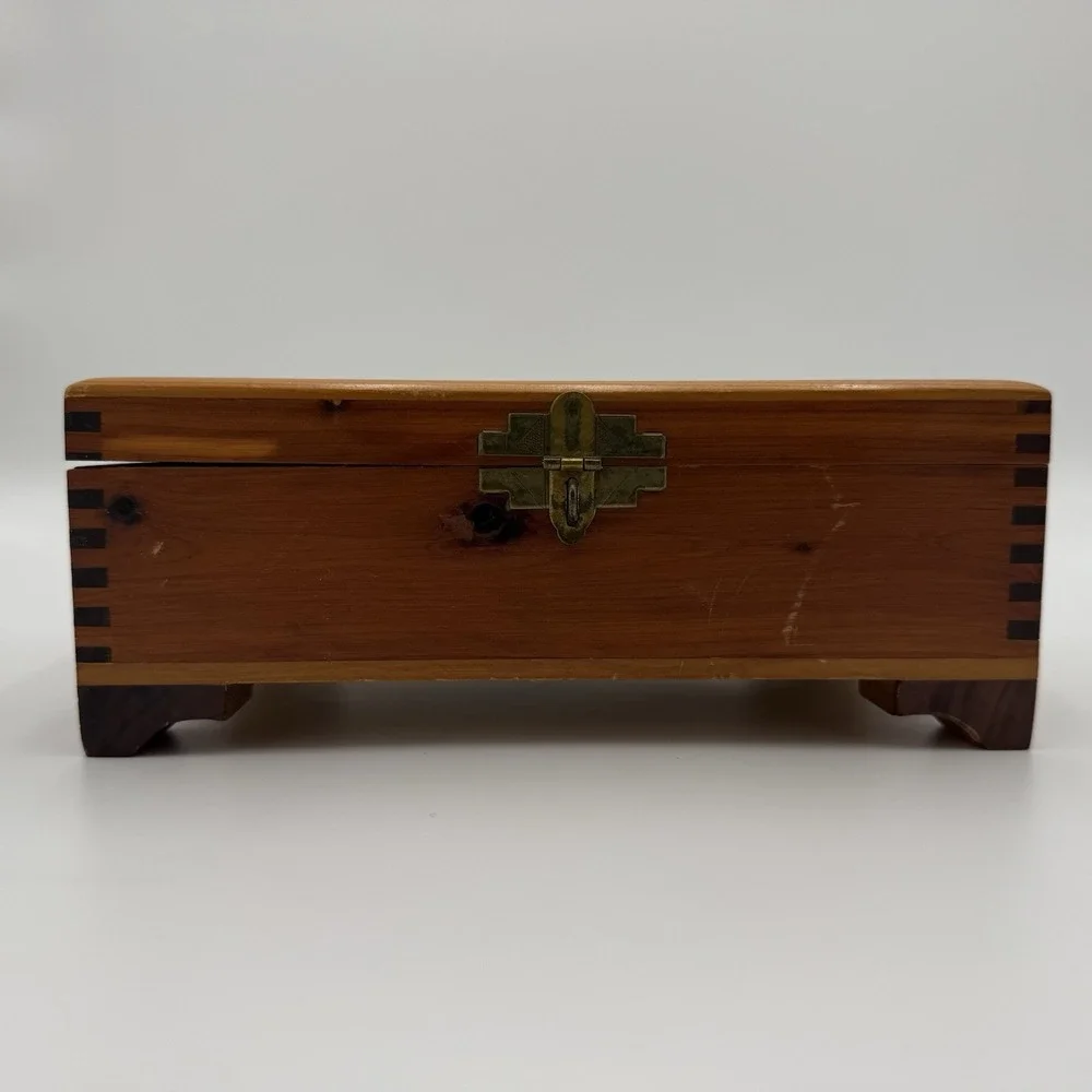 Vintage Cedar Jewelry Box, Sewing Box, Trinket Box or Stationary Box W/ Lock Key